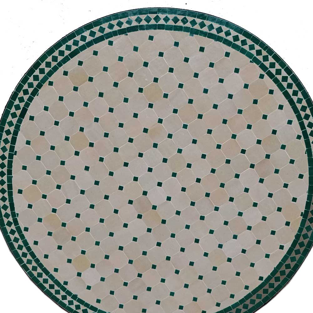 Mesa redonda de mosaico marroquí de beige y verde.