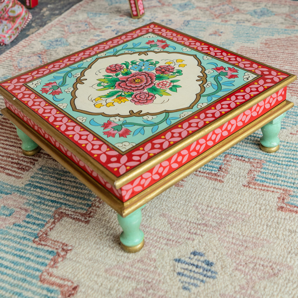 Hand painted pooja chowki table Hibiscus