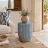 Moroccan striped resin and walnut table - blue