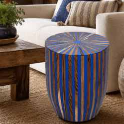 Moroccan striped resin and walnut table - blue