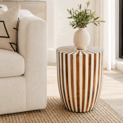 Moroccan striped resin and walnut table
